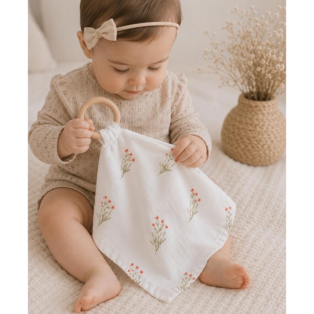 Organic Lovey With Wooden Ring | Hawthorn Flower Natural Baby Teether